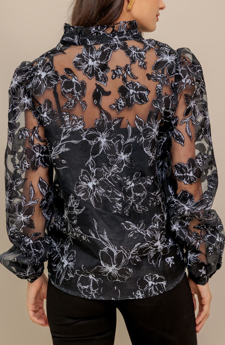 FLYING TOMATO Print Organza Button-Up Shirt, Alternate, color, Black