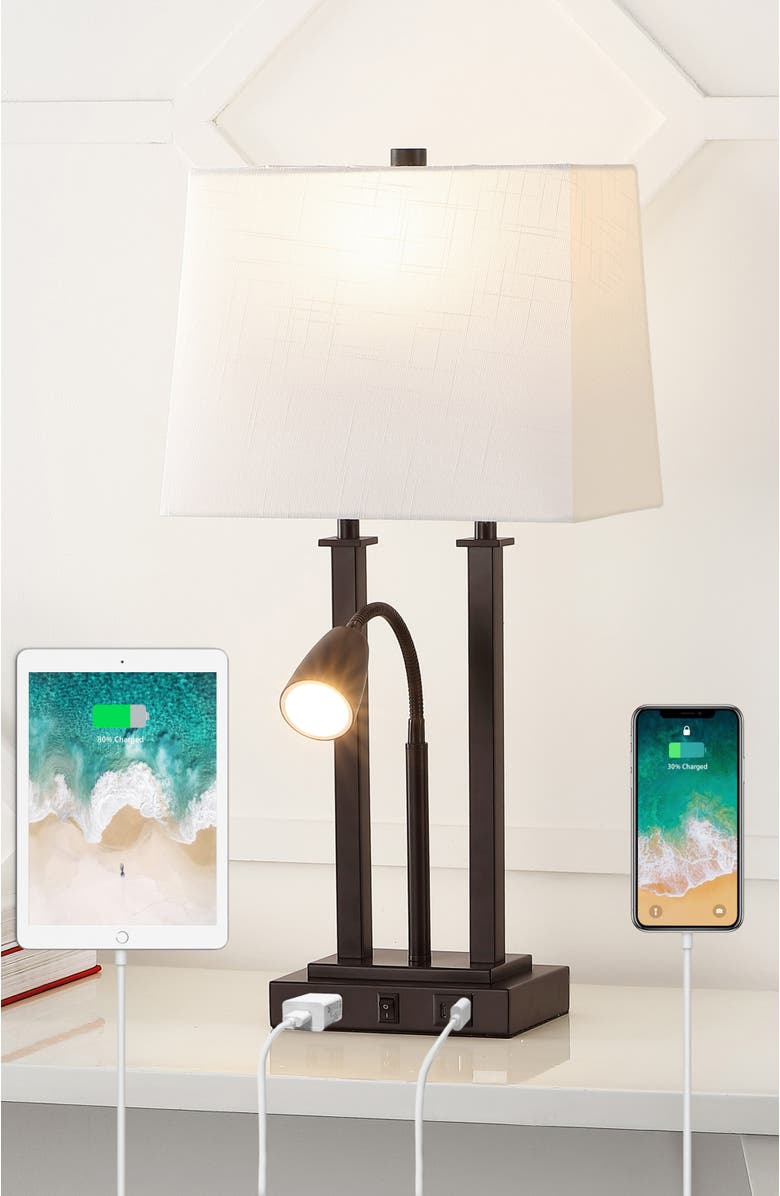 JONATHAN Y Blaire 23.75" 2-Light Modern Farmhouse Metal LED Table Lamp with USB Charging port, Alternate, color, Oil Rubbed Bronze