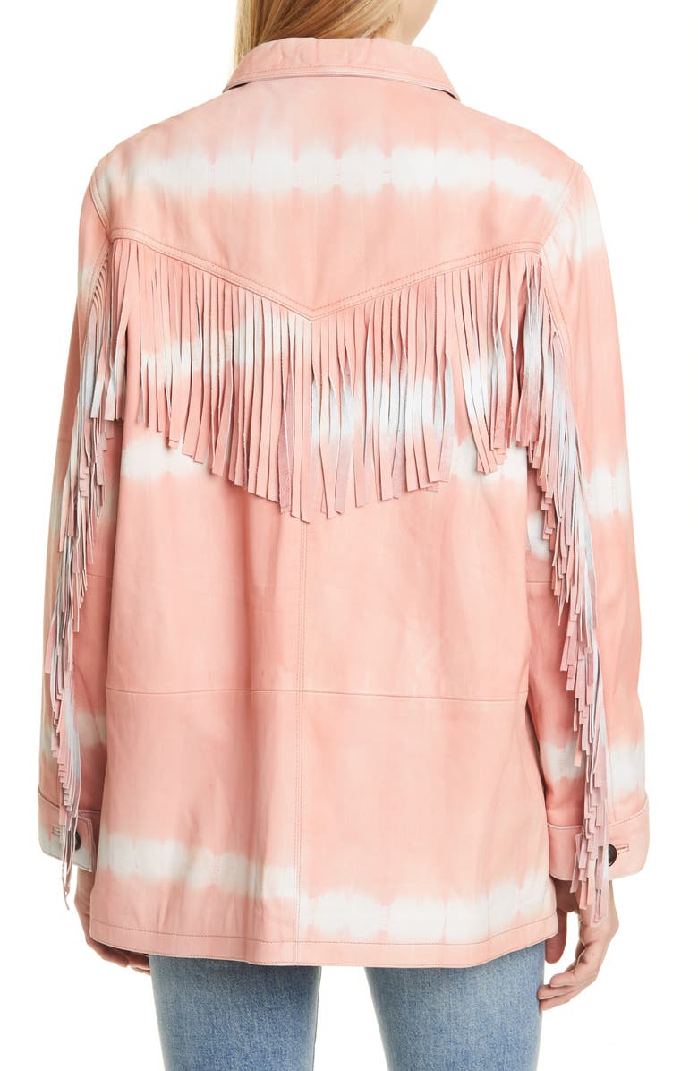 Sea Zelda Tie Dye Fringe Trim Leather Jacket, Alternate, color, 