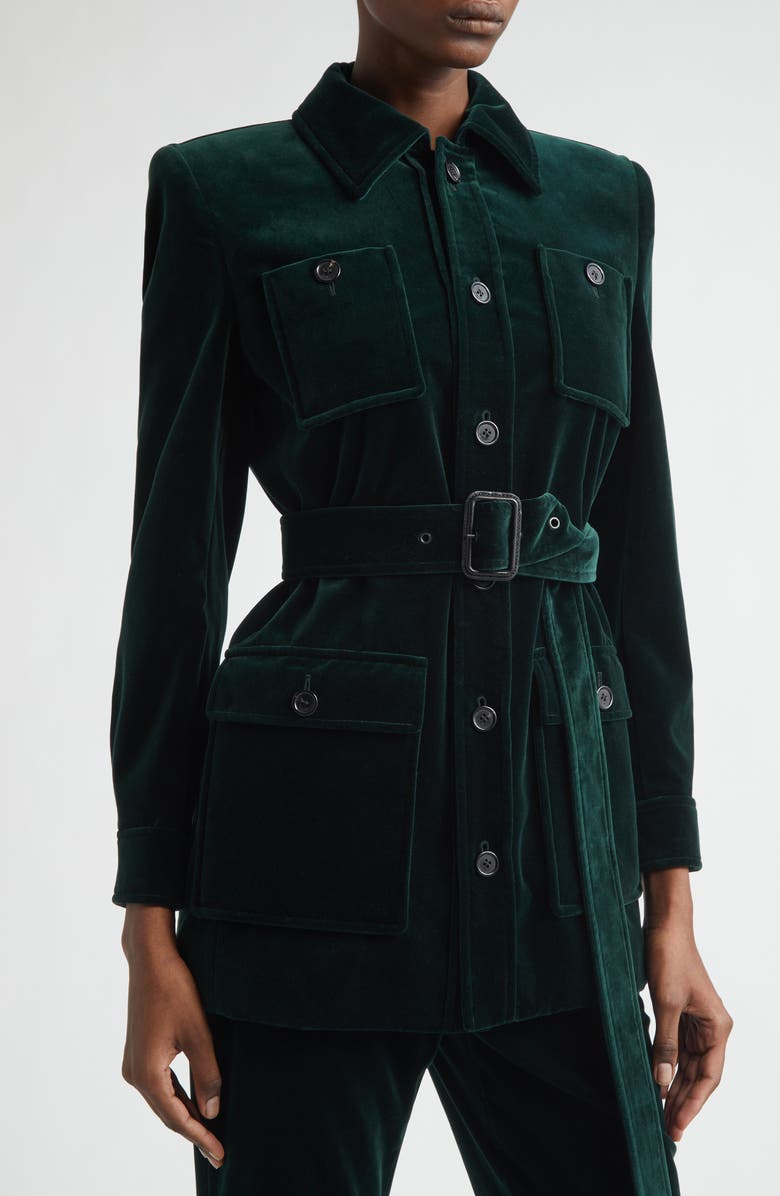 Saint Laurent Belted Cotton Velveteen Jacket, Alternate, color, Emeraude