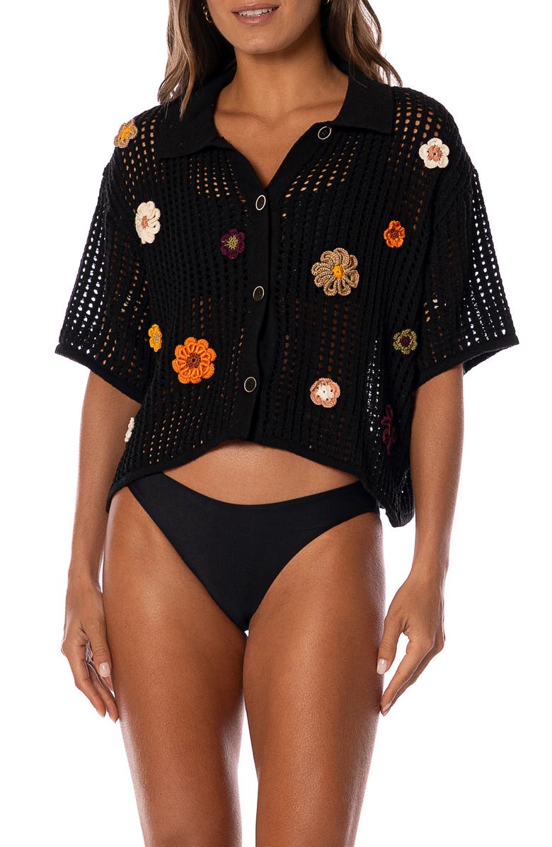 Maaji Canva Open Stitch Cover-Up Button-Up Shirt, Alternate, color, Black