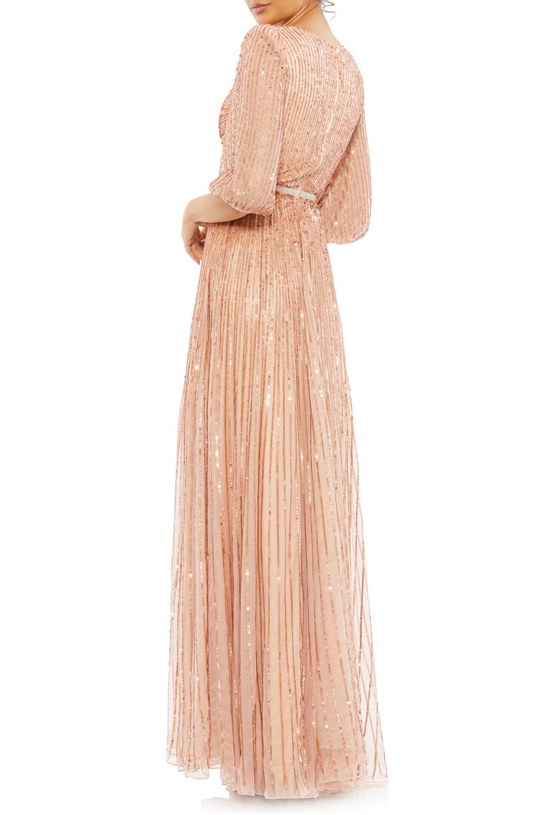 Sequined Wrap Over 3/4 Sleeve Gown, Alternate, color, APRICOT