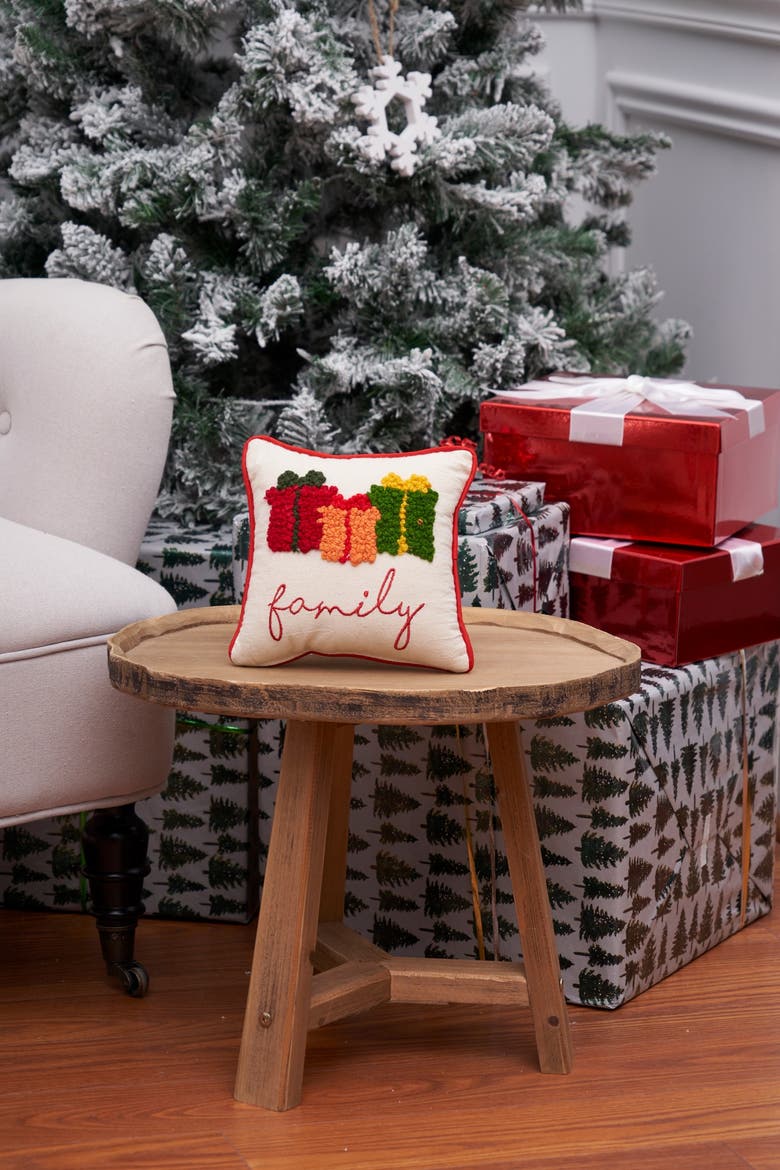 Christmas Presents "Family" French Knot Mini Accent Pillow 8" x 8", Alternate, color, Beige