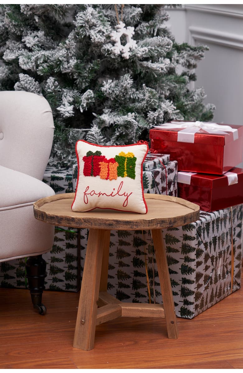 C&F Home Christmas Presents "Family" French Knot Mini Accent Pillow 8" x 8", Alternate, color, Beige