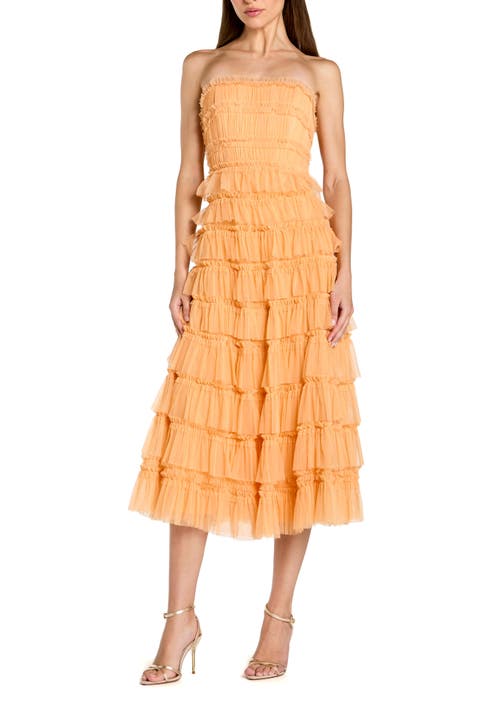 Solid Mesh Micro Ruffle Strapless Midi Dress