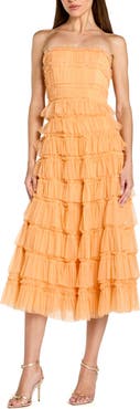 Mac Duggal Solid Mesh Micro Ruffle Strapless Midi Dress
