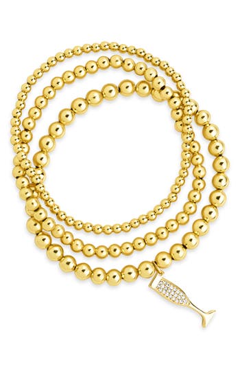 Sterling Forever Beaded Bracelet Set With Cz Champagne Flute Charm In Gold