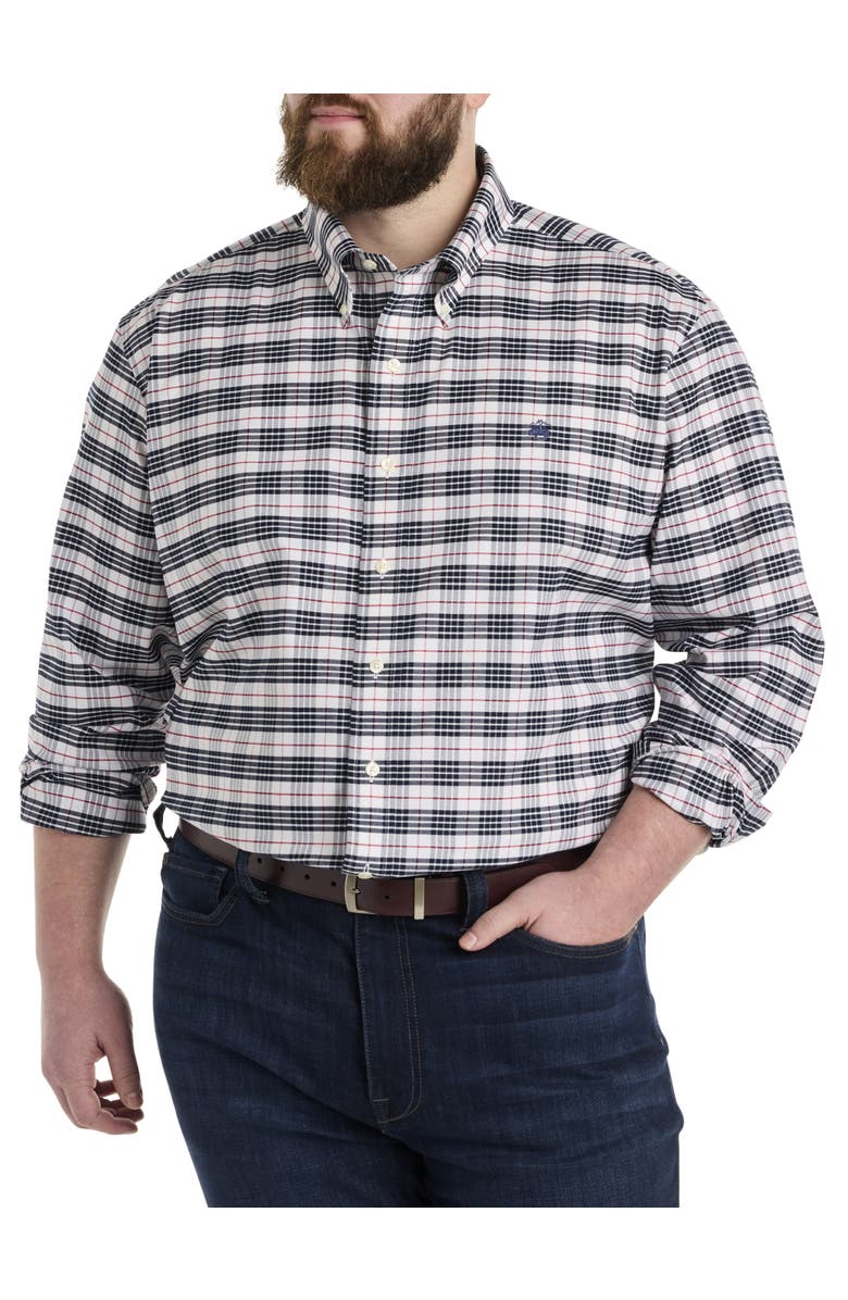 Brooks Brothers Big & Tall Non-Iron Tartan Plaid Sport Shirt, Alternate, color, White Navy Tartan