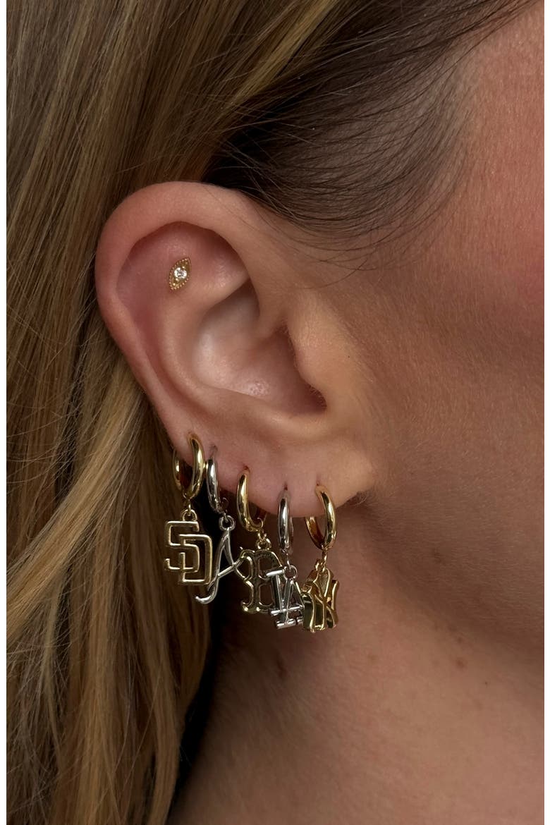 MLB New York Yankees Logo Charm Huggie Hoop Earrings, Alternate, color, SILVER