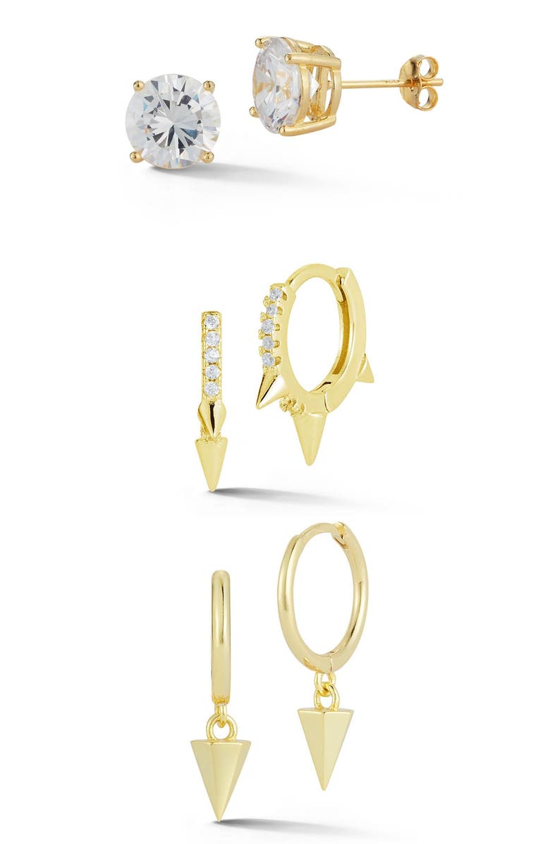 GLAZE JEWELRY Set of 3 14K Gold Plated Silver Earrings, Main, color, 