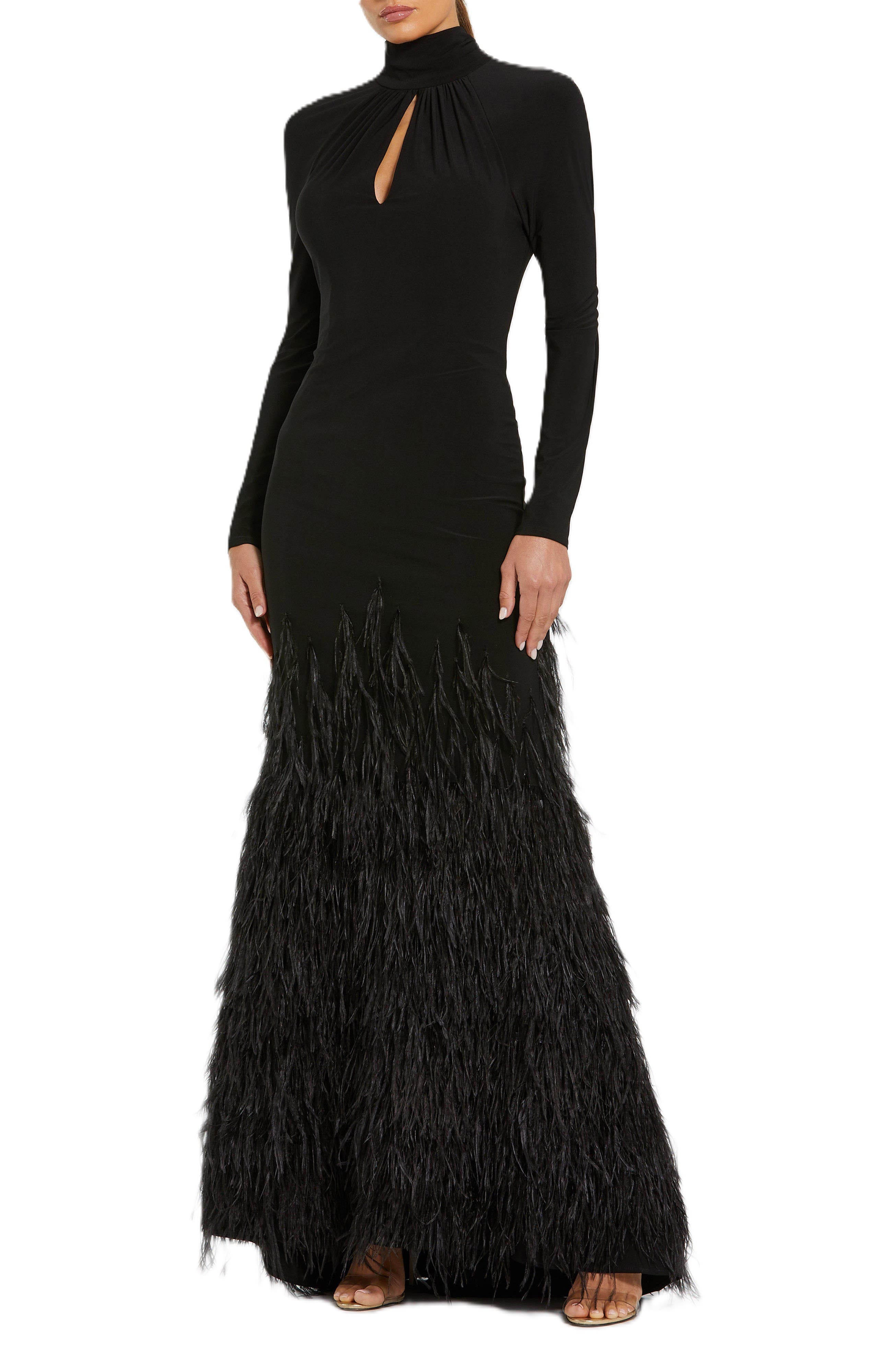 black long sleeve dress with feathers Mac Duggal Wedding Guest Jersey High Neck Feather Gown Black Size US 4 Beden:38 Recycled + Vintage Clothing Embrace elegance with every Black Flutter Sleeve Floral