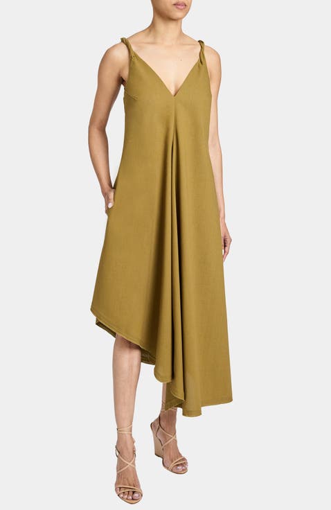 KOURT Asymmetric Sleeveless Linen Blend Midi Billow Dress