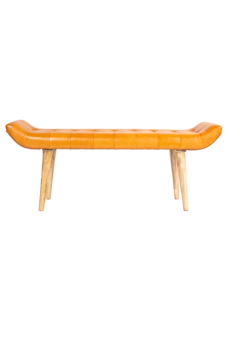 Wood and Goat Leather Bench, Camel, Alternate, color, Natural