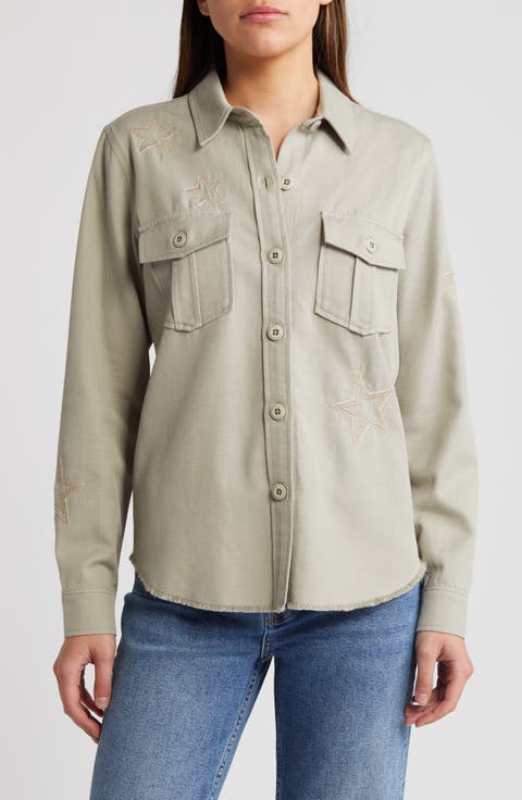 Loren Star Embroidered Raw Hem Twill Shirt Jacket