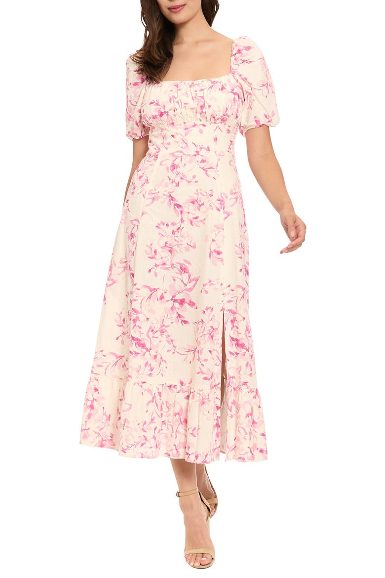 Floral Puff Sleeve Linen Blend Midi Dress, Main, color, IVORY/ RASPBERRY PINK