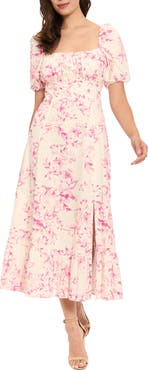 London Times Floral Puff Sleeve Linen Blend Midi Dress