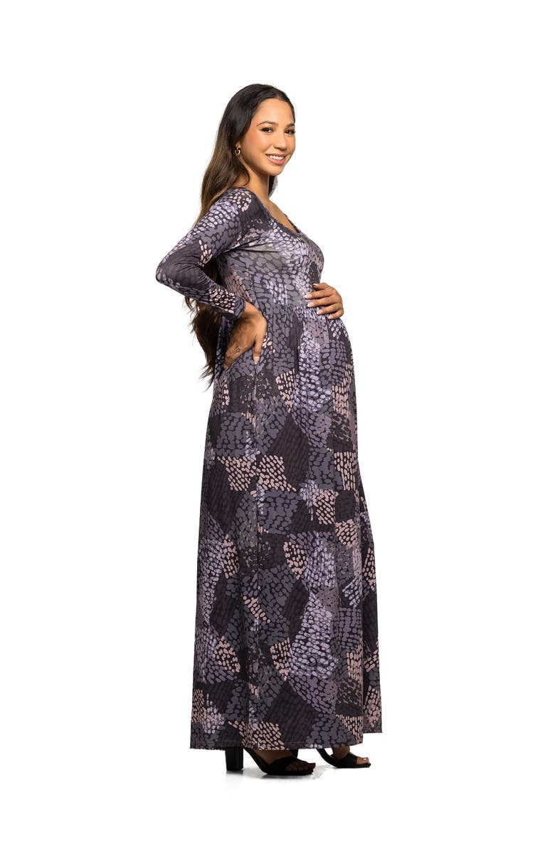 24seven Comfort Apparel Long Sleeve Empire Waist Maxi Dress in Print, Alternate, color, Gray Multi