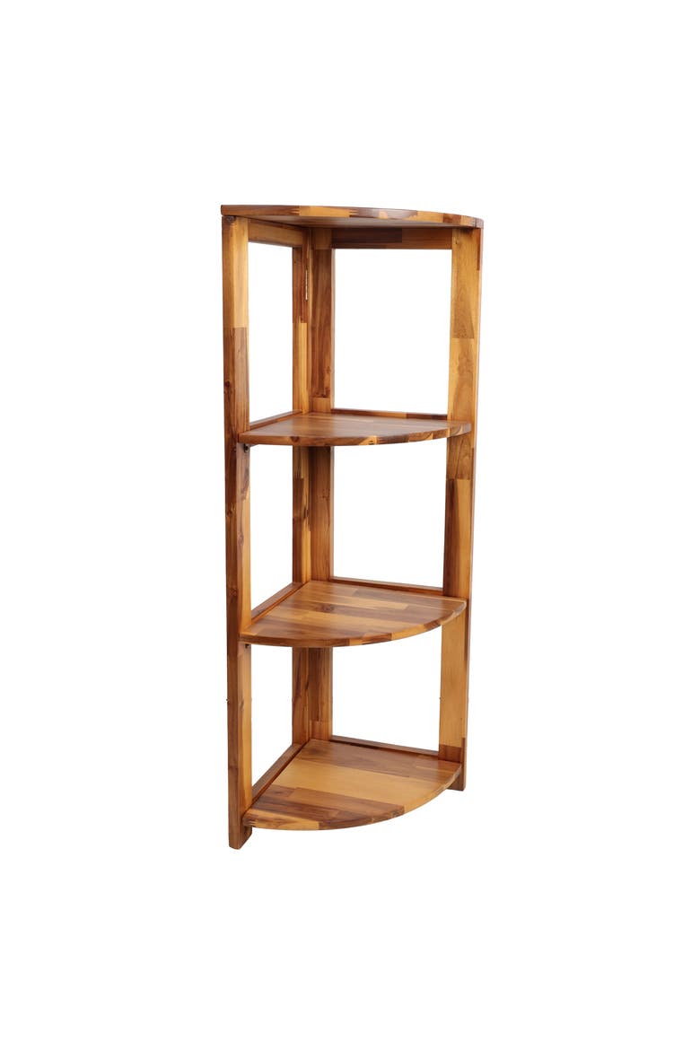 Terra Rustic Handcrafted Acacia Wood 4-Tier Indoor/Outdoor Folding Corner Storage Rack, Main, color, Natural