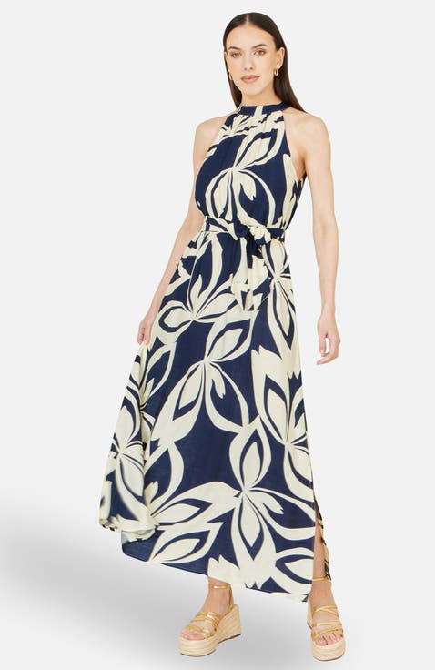 Geo Swirl Print Halter  Maxi Dress