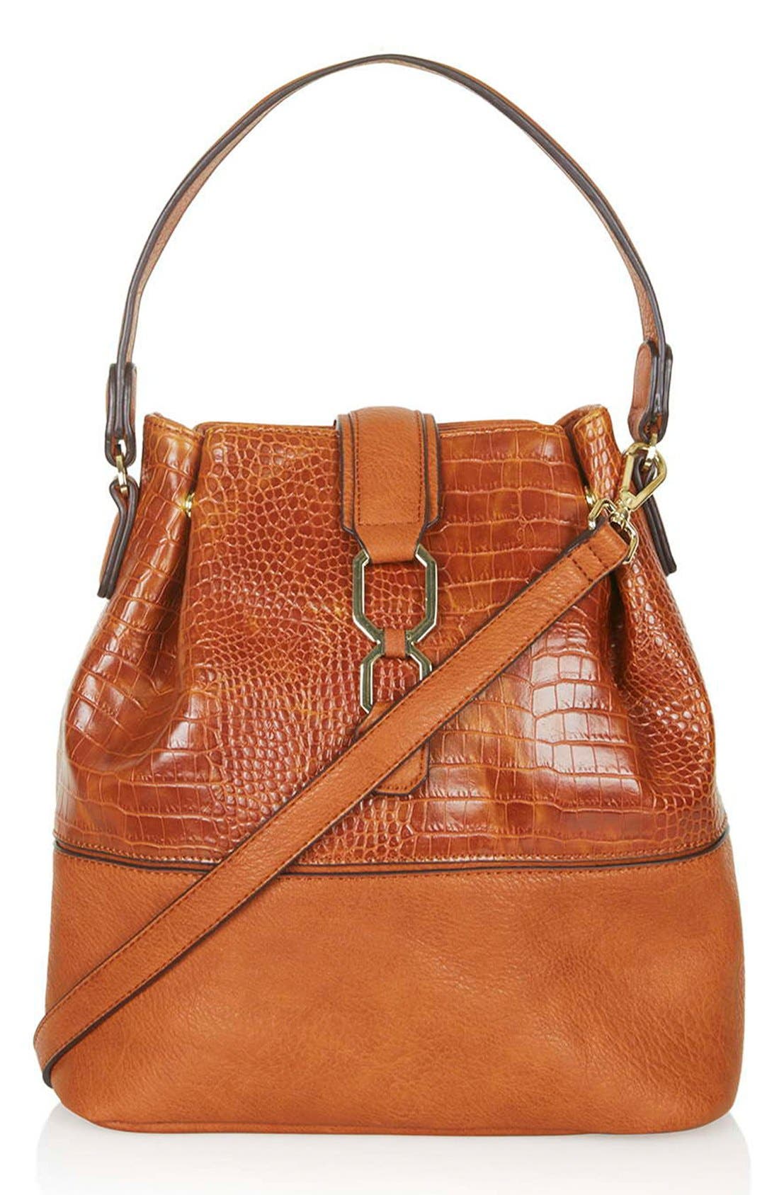 Embossed Faux Leather Bucket Bag, Main, color, TAN