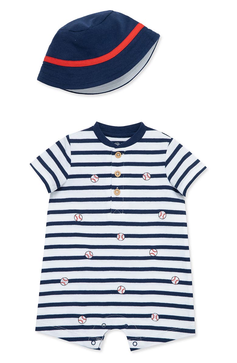 Little Me Baseball Cotton Romper & Sunhat, Main, color,
