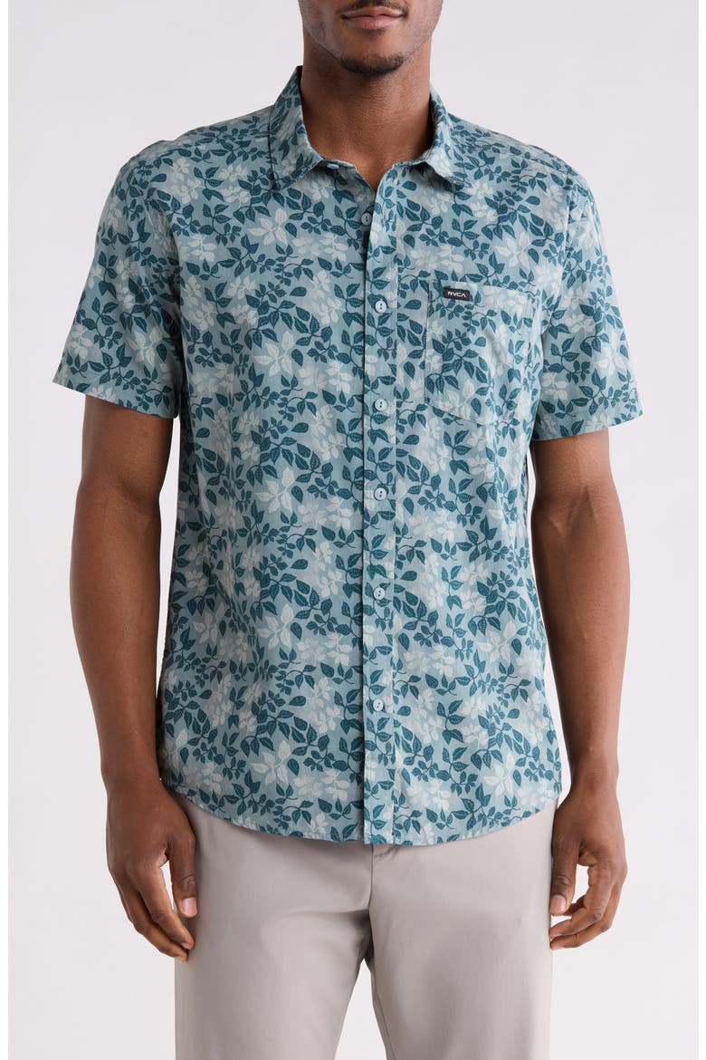 Botanical Print Short Sleeve Button-Up Shirt, Main, color, LEAD