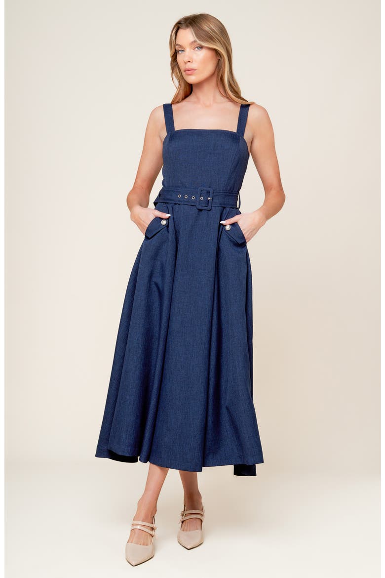 Square Neck Belted Fit & Flare Midi Dress, Alternate, color, NAVY