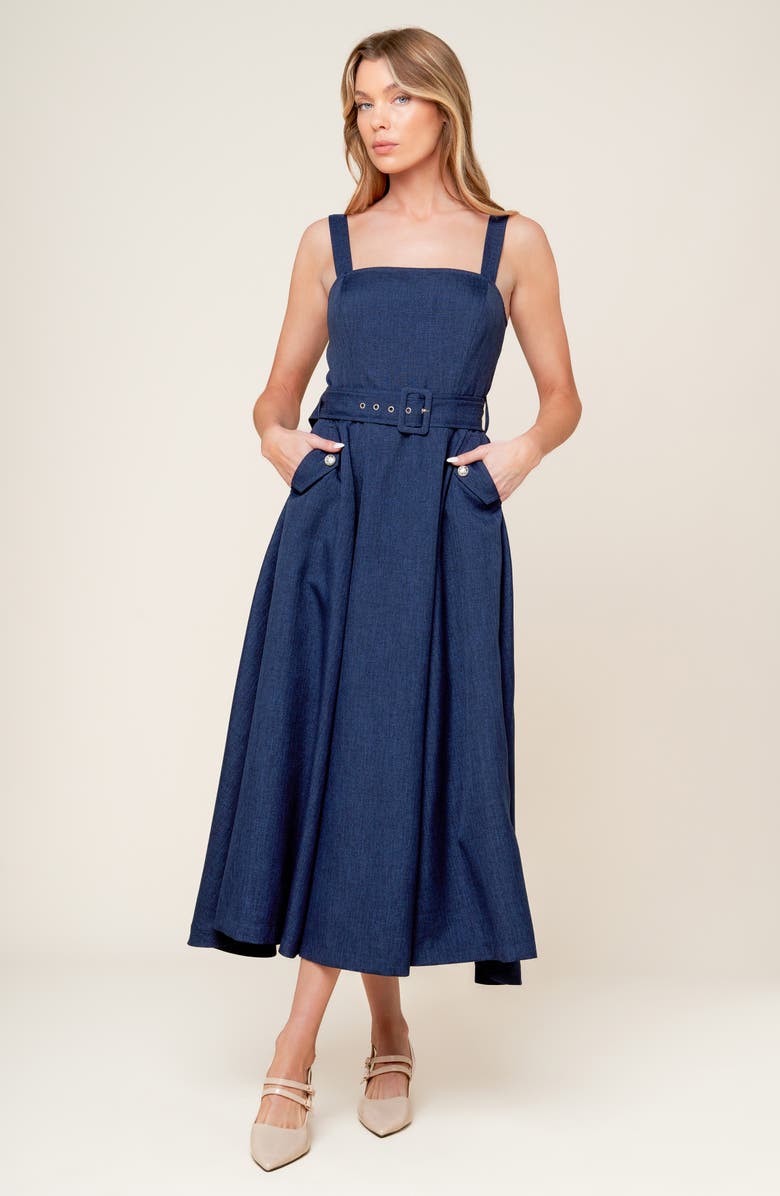 FLYING TOMATO Square Neck Belted Fit & Flare Midi Dress, Alternate, color, Navy
