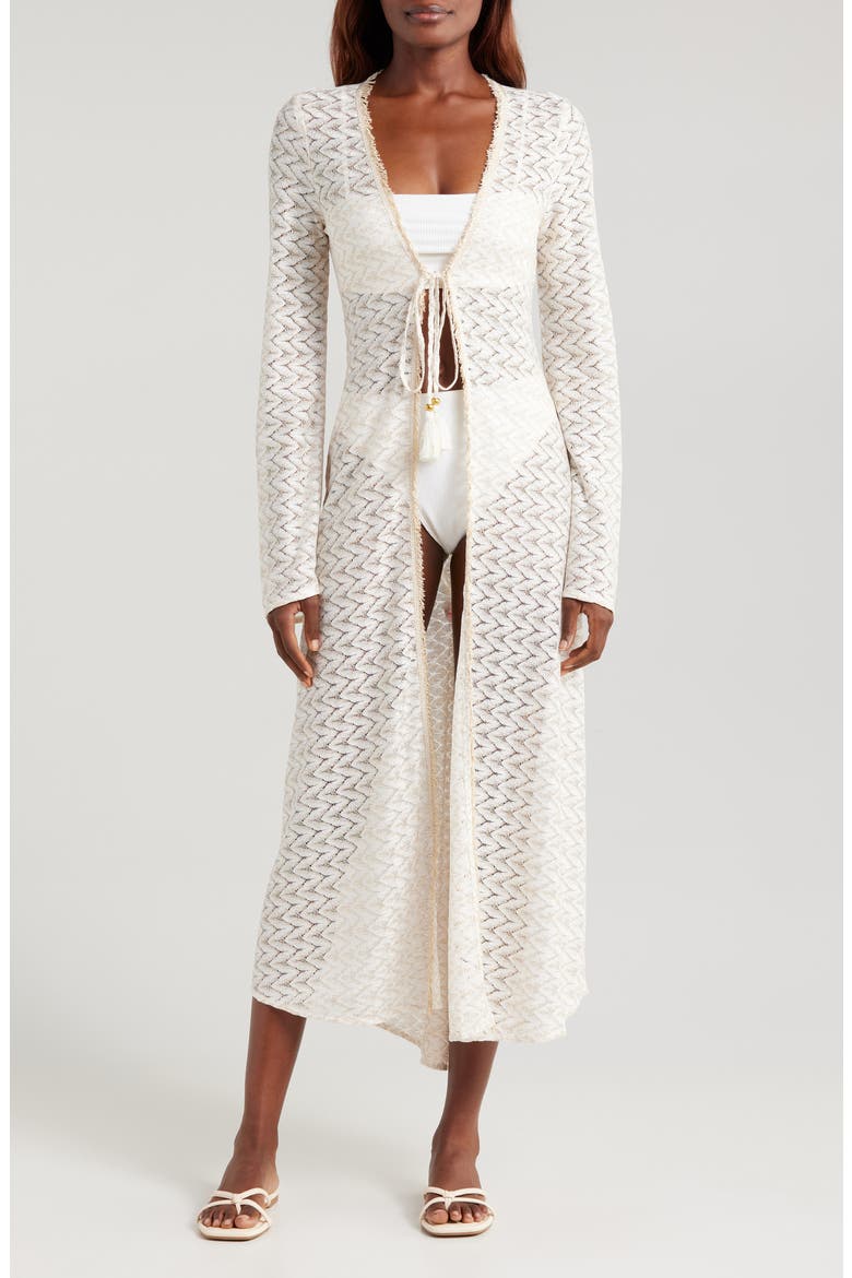 Fatima Metallic Long Sleeve Sheer Cover-Up Maxi Dress, Main, color, WHITE/ GOLD ZIG ZAG