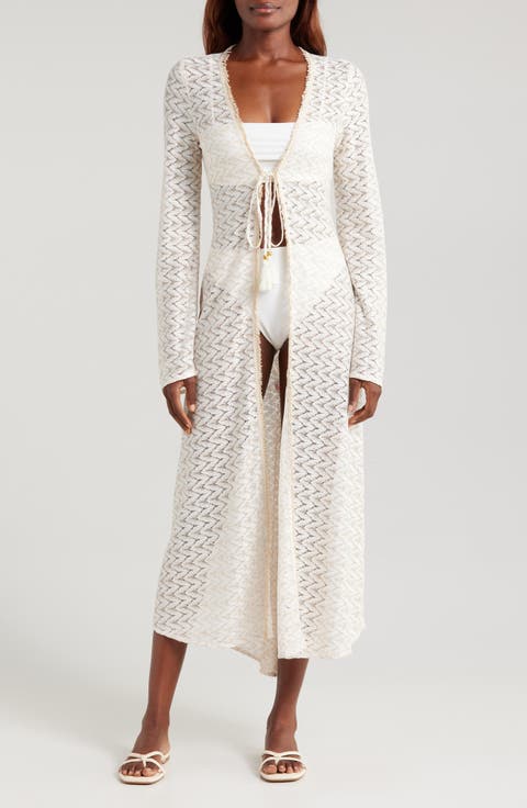 Fatima Metallic Long Sleeve Sheer Cover-Up Maxi Dress