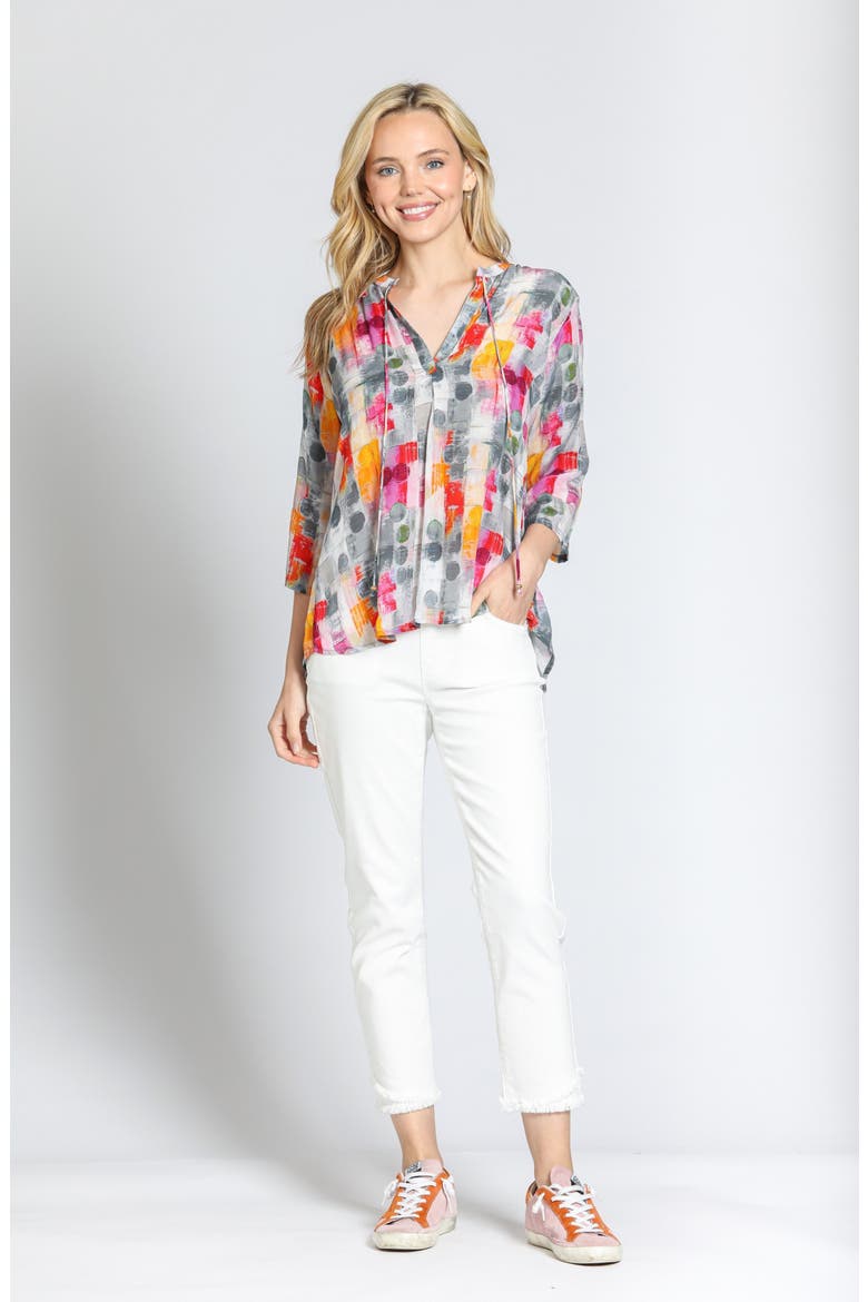 Print Tassel Split Neck Chiffon Top, Alternate, color, GREY/ PINK MULTI