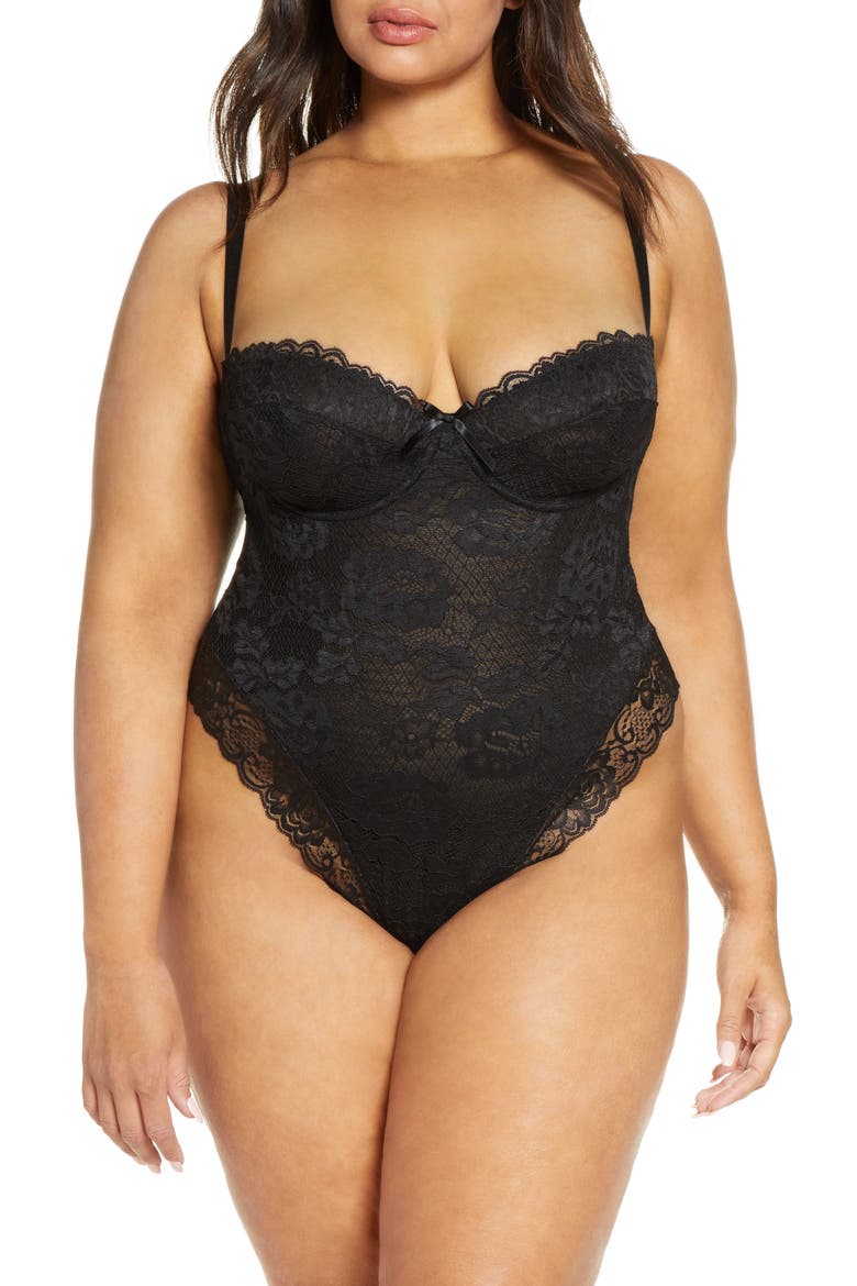 High Leg Underwire Lace Teddy, Main, color, BLACK