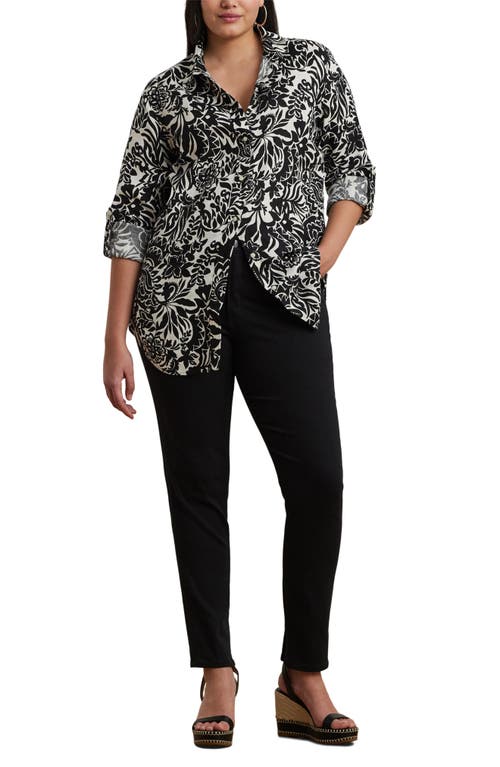 Ralph Lauren Plus Size 100% Linen Roll-tab Shirt In Cream/black