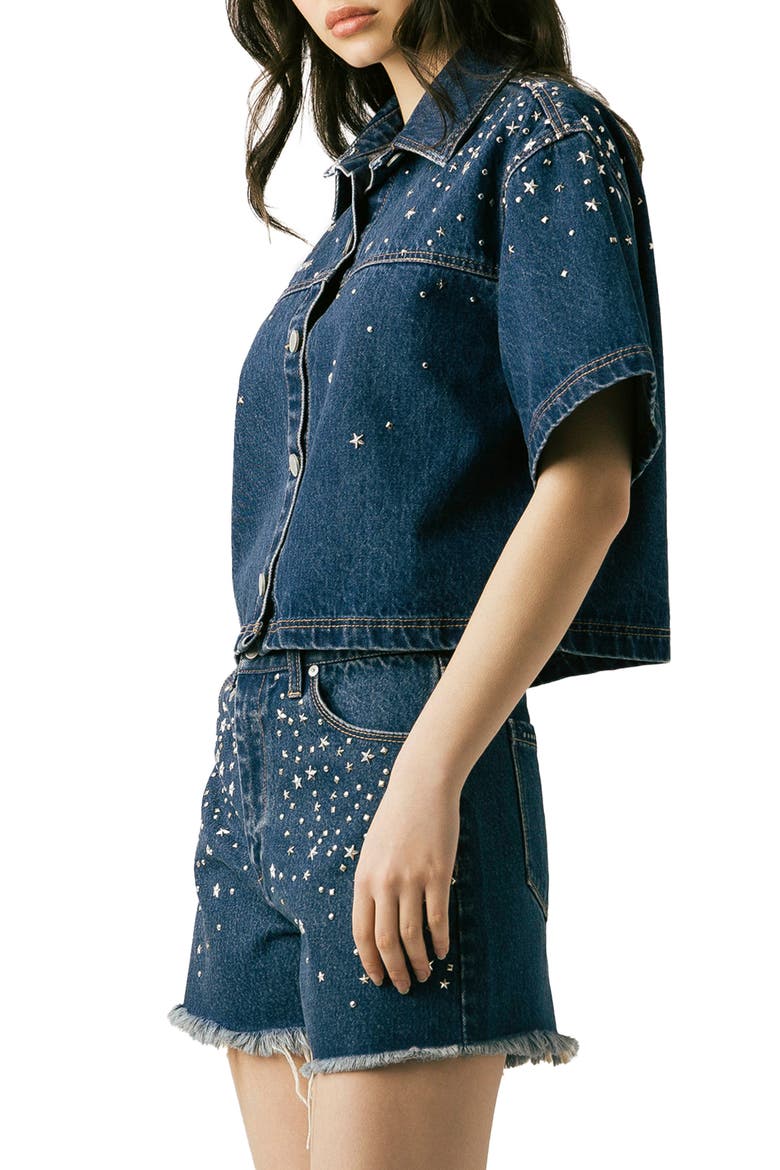 Stud Detail Elbow Sleeve Denim Button-Up Shirt, Alternate, color, SILVER DREAMS