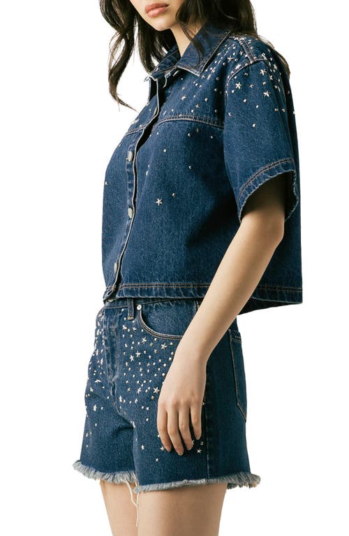 Blanknyc Stud Detail Elbow Sleeve Denim Button-up Shirt In Blue