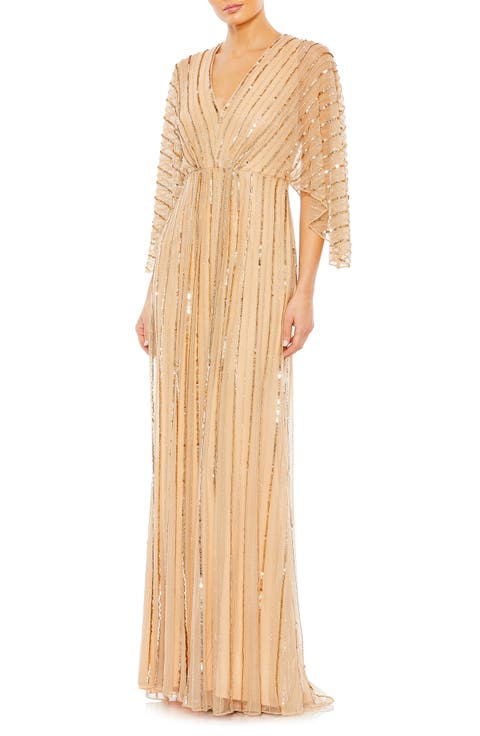 Sequin Beaded Stripe Cape Sleeve V-Neck Gown