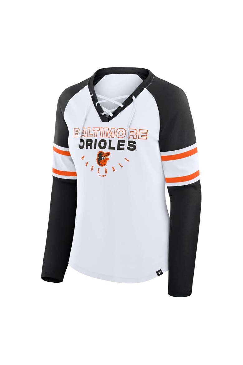 Women's Fanatics White/Black Baltimore Orioles Blitz Package Raglan Lace-Up V-Neck Long Sleeve T-Shirt, Alternate, color, White