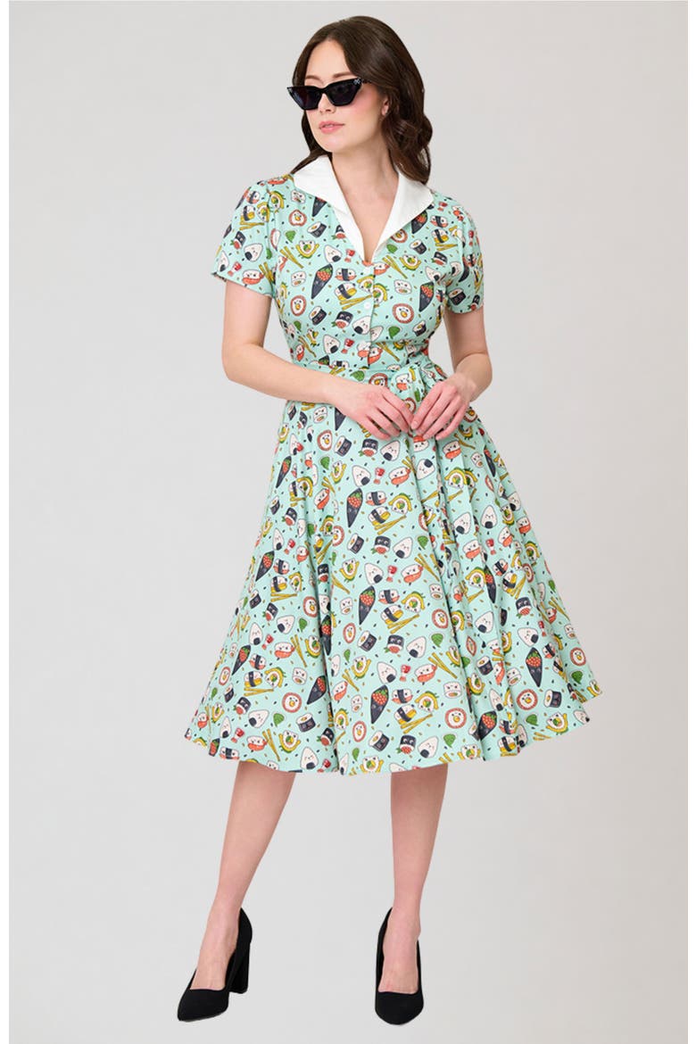 1950s Collared Shirt Dress, Main, color, Green Sushi Print