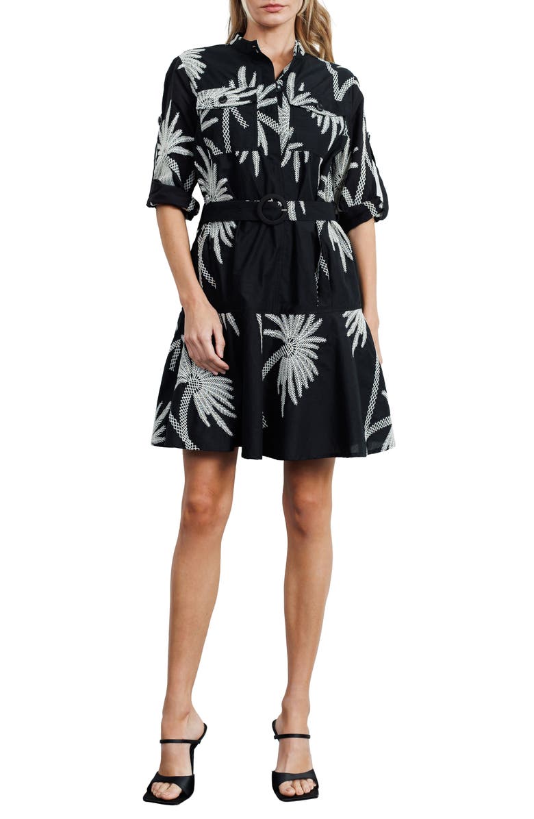 CIEBON Siobhan Embroidered Long Sleeve Belted Cotton Shirtdress, Main, color, Black