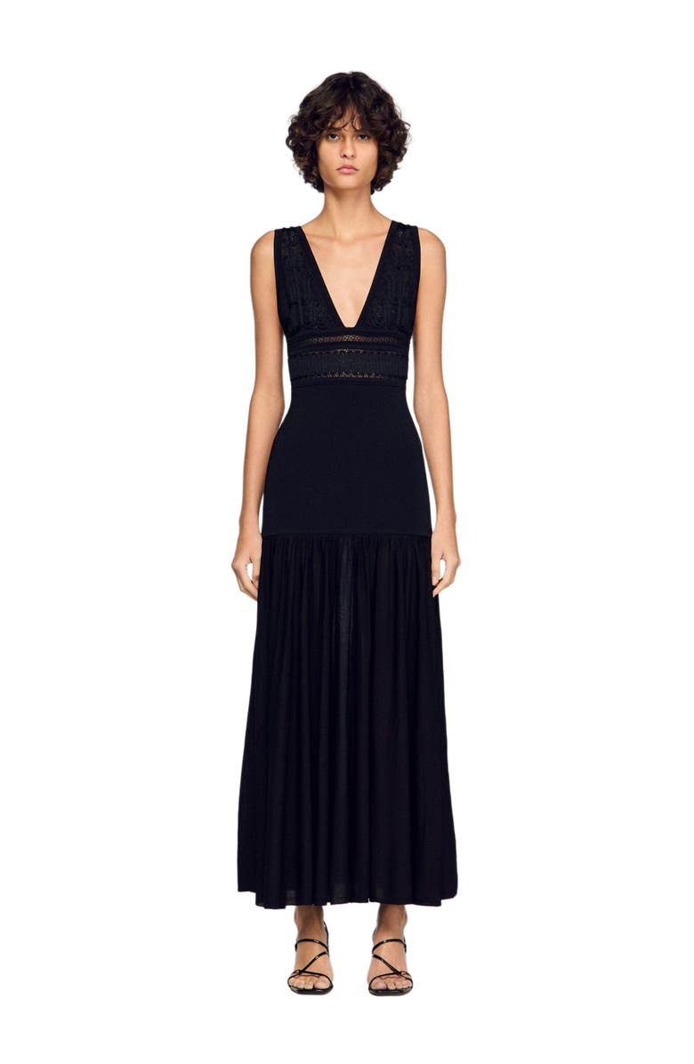 SANDRO Ruffled knit maxi dress, Main, color, Black
