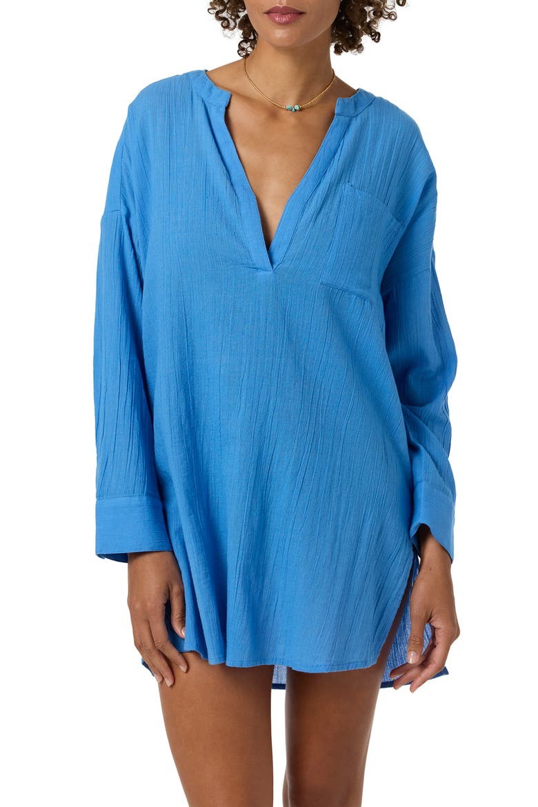 Belizin Long Sleeve Semisheer Cotton Cover-Up Tunic, Alternate, color, BLUE