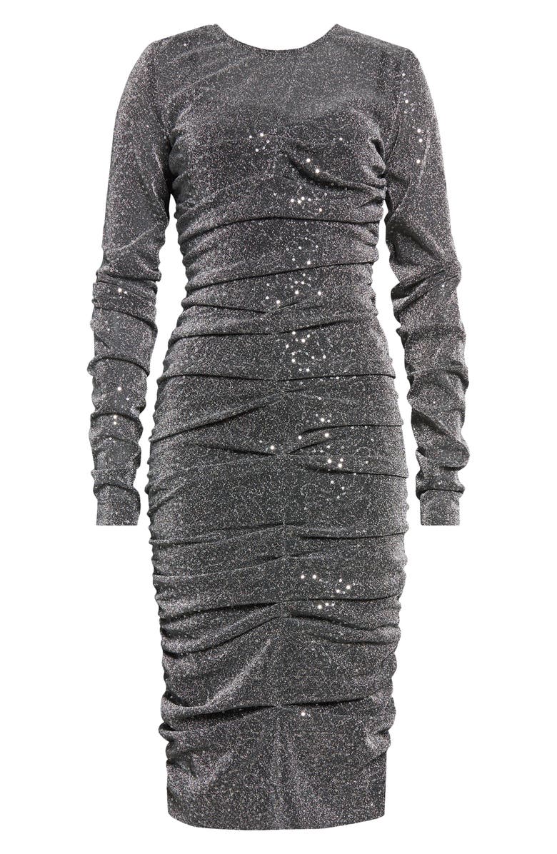 Dolce&Gabbana Ruched Long Sleeve Sequin Midi Dress, Alternate, color, Argento