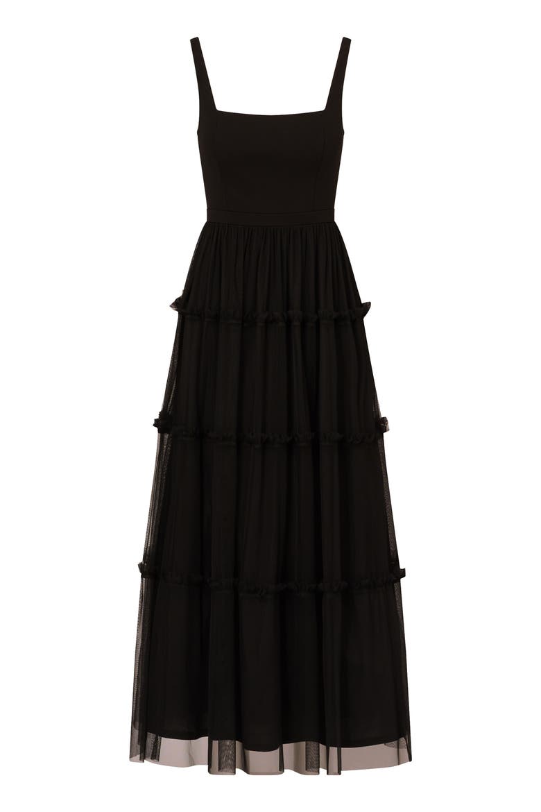 Mesh Overlay Tiered Midi Cocktail Dress, Alternate, color, BLACK