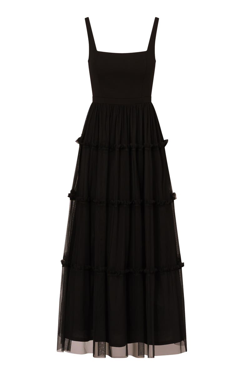 Adrianna Papell Mesh Overlay Tiered Midi Cocktail Dress, Alternate, color, Black