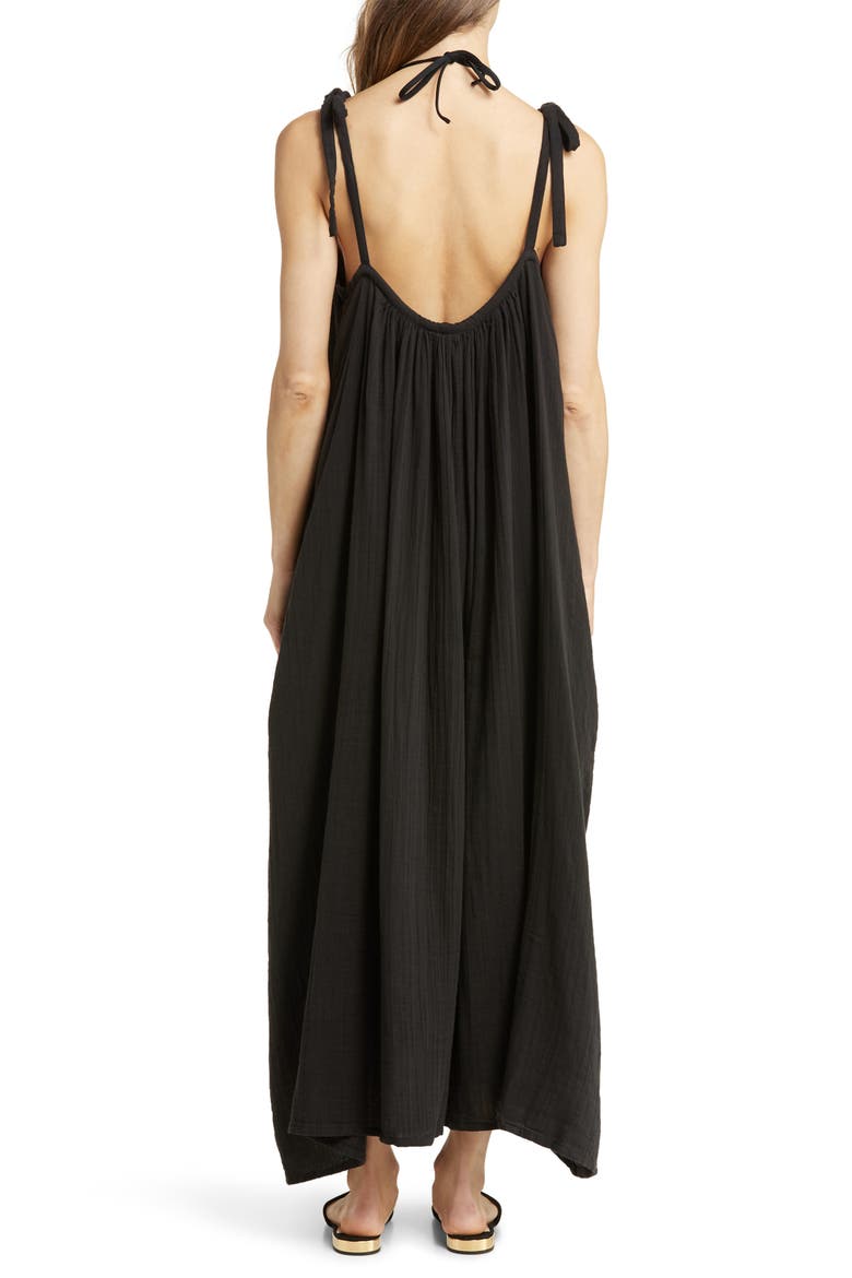 Tie Strap Flowy Cotton Cover-Up Maxi Dress, Alternate, color, BLACK
