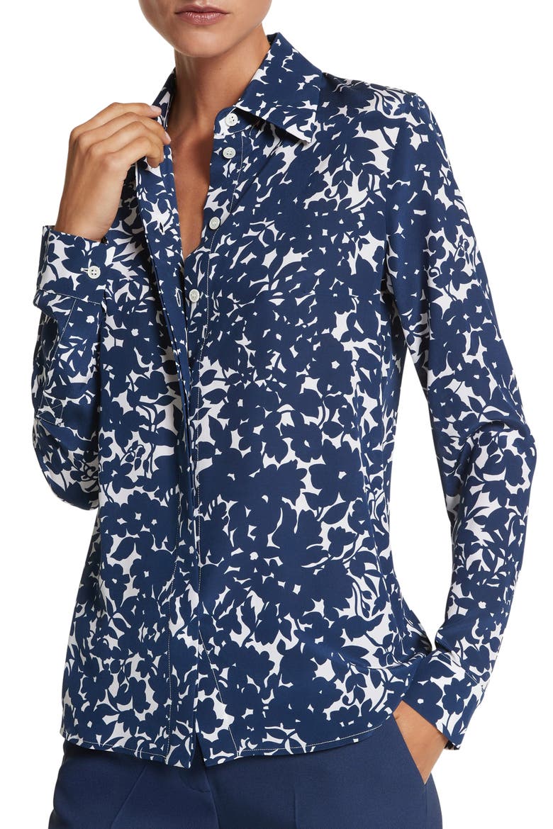 Hansen Floral Organic Silk Crêpe de Chine Shirt, Main, color, OPTIC WHITE/ NAVY