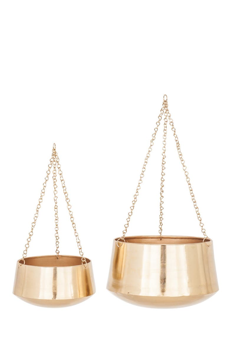 VIVIAN LUNE HOME Goldtone Metal Indoor & Outdoor Hanging Dome Wall Planter with Chain - Set of 2, Main, color, 