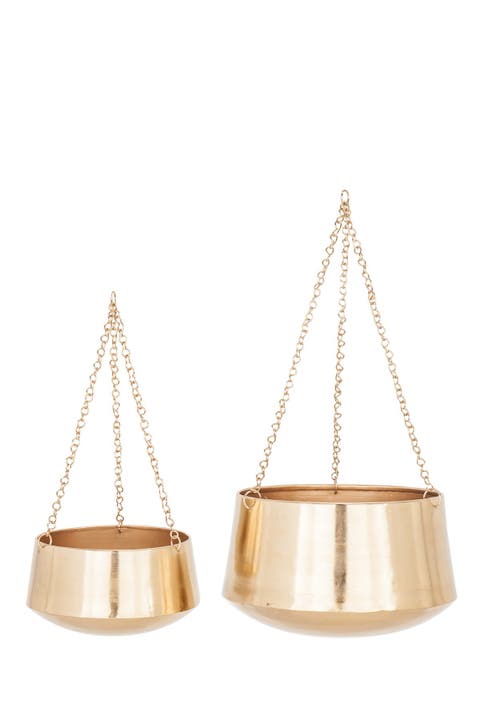 Goldtone Metal Indoor & Outdoor Hanging Dome Wall Planter with Chain - Set of 2