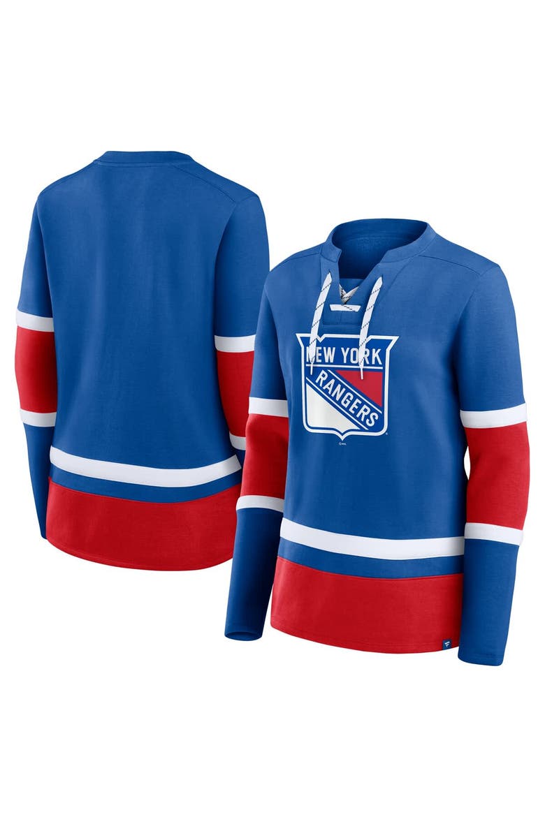 Women's Fanatics Blue New York Rangers Prime Time Lace-Up Long Sleeve T-Shirt, Main, color, Blue