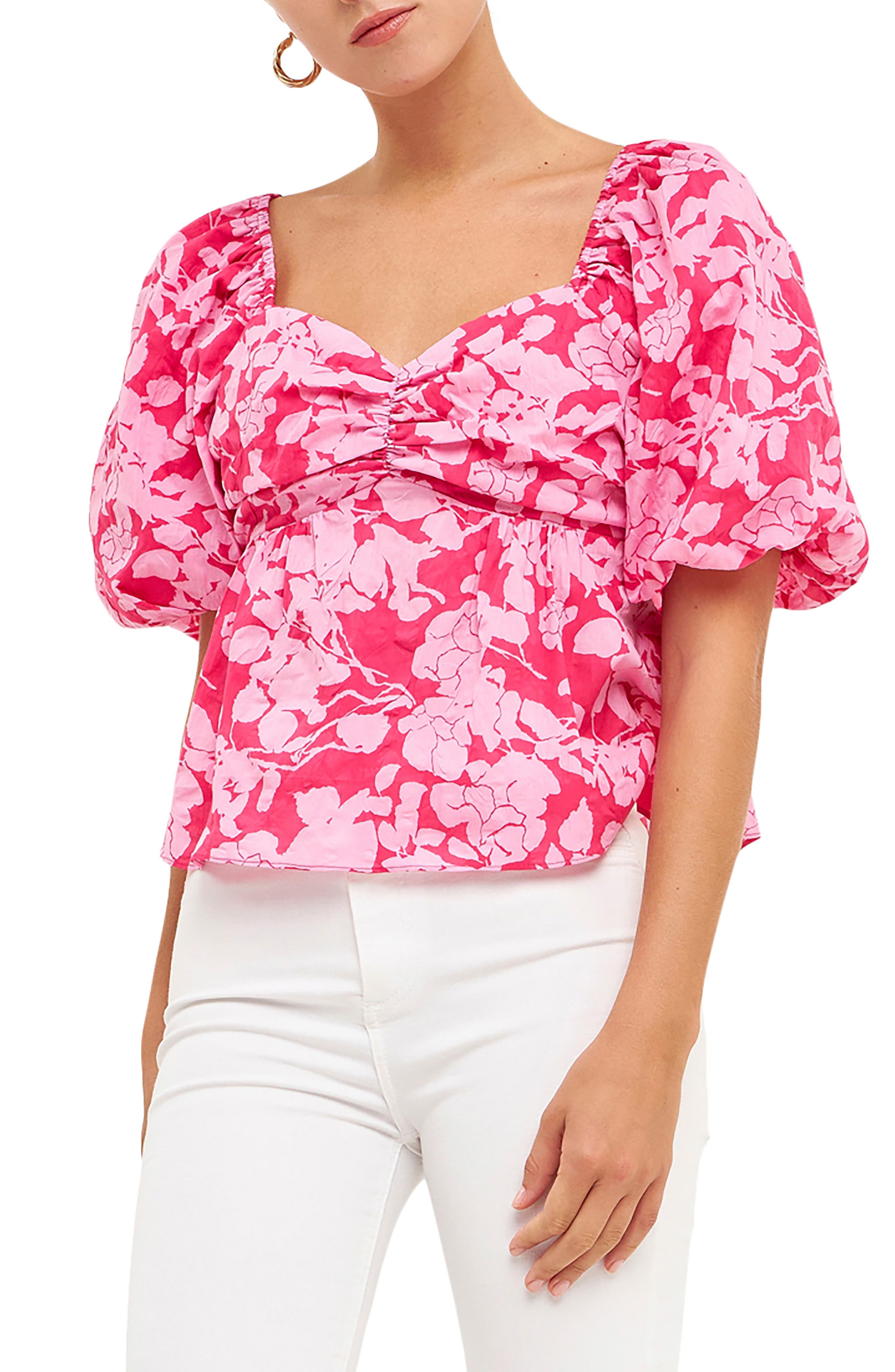 Floral Bow Back Puff Sleeve Blouse
